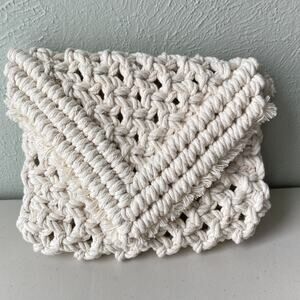 Handmade Macrame Woven Clutch Purse Handbag - Cream Flap Opening
